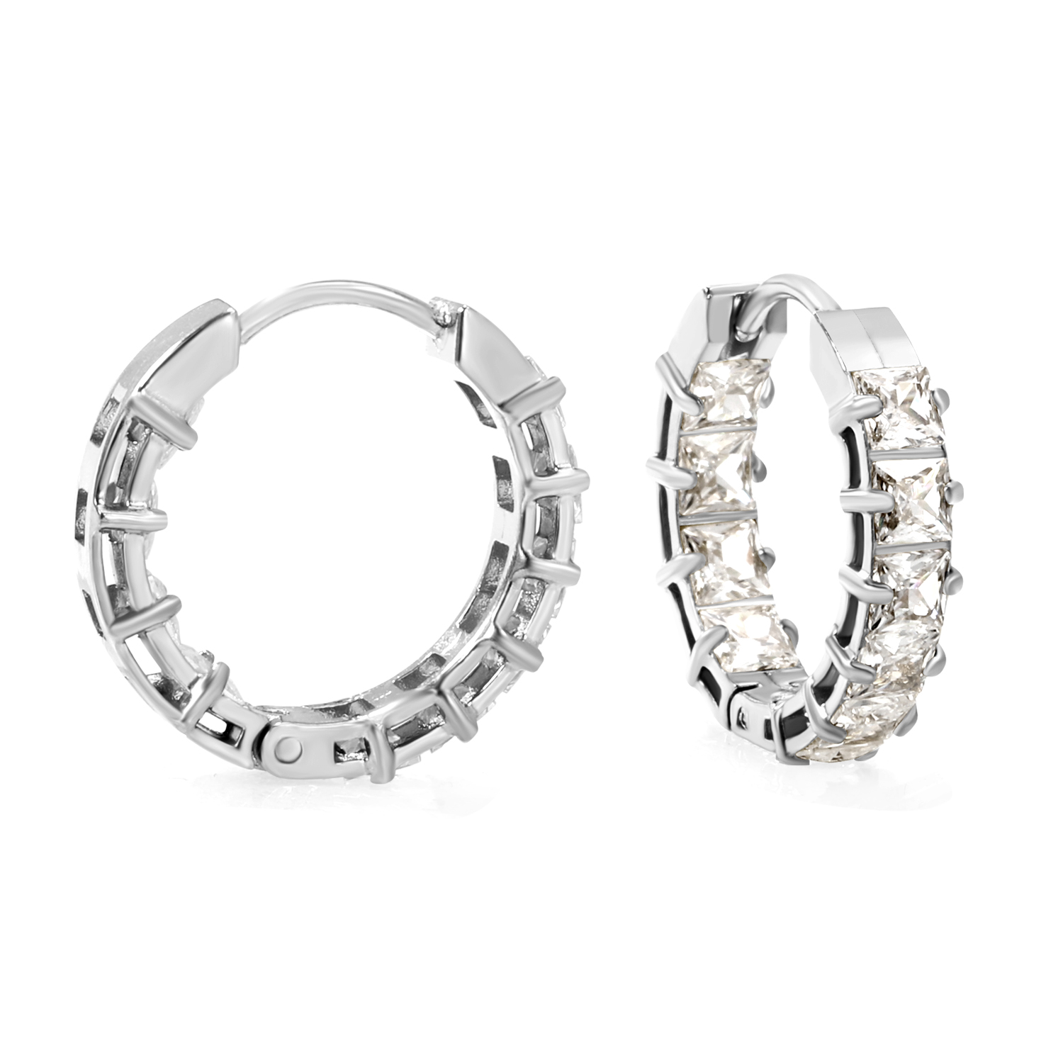 Stainless Steel Hoop Earrings with Princess-Cut Cubic Zirconia