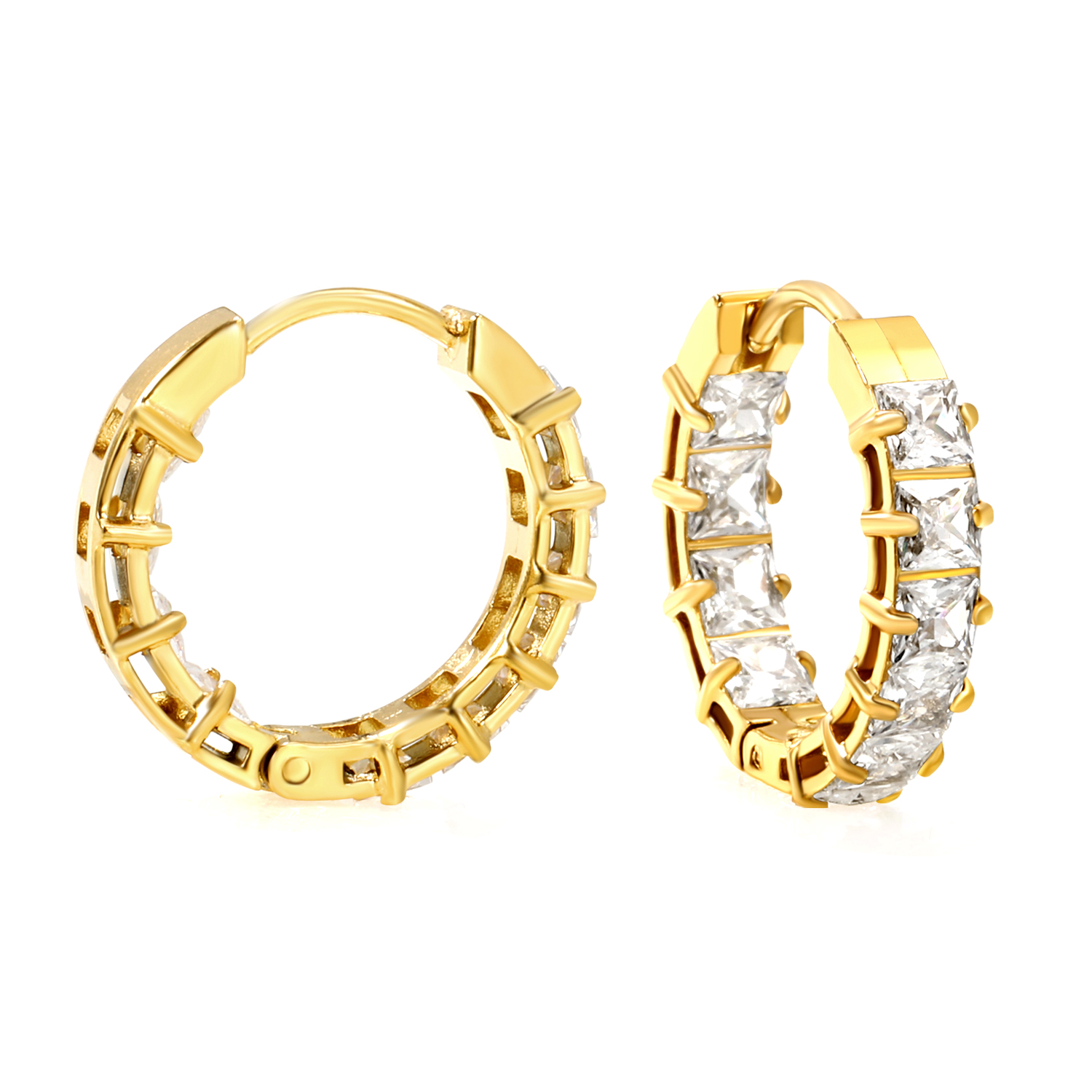 18K Gold PVD Hoop Earrings with Princess-Cut Cubic Zirconia