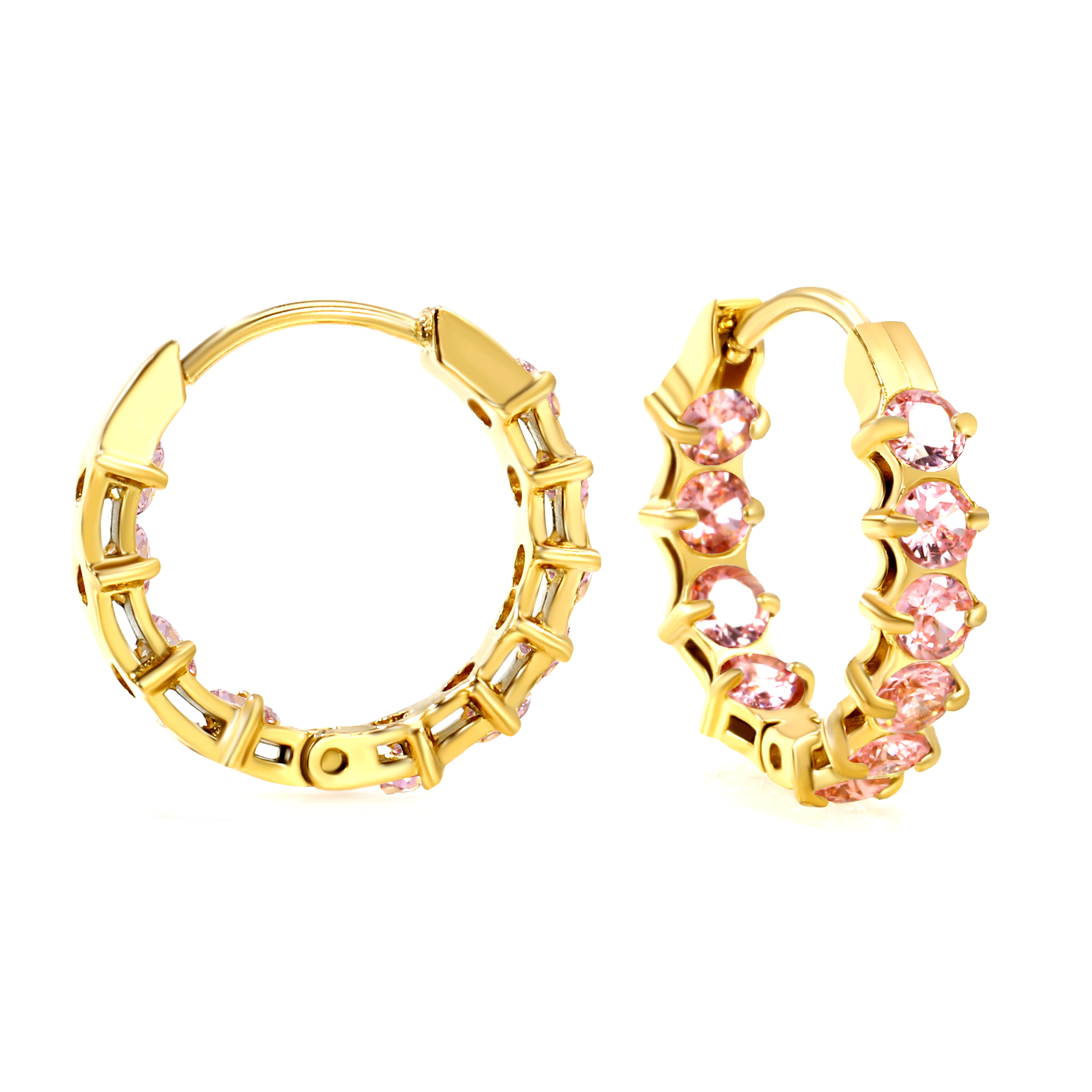 18K Gold PVD Stainless Steel Hoop Earrings with Pink Cubic Zirconia