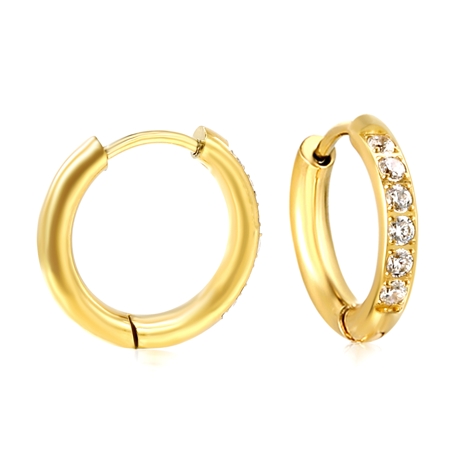 18K Gold PVD Stainless Steel Pavé Cubic Zirconia Huggie Hoop Earrings
