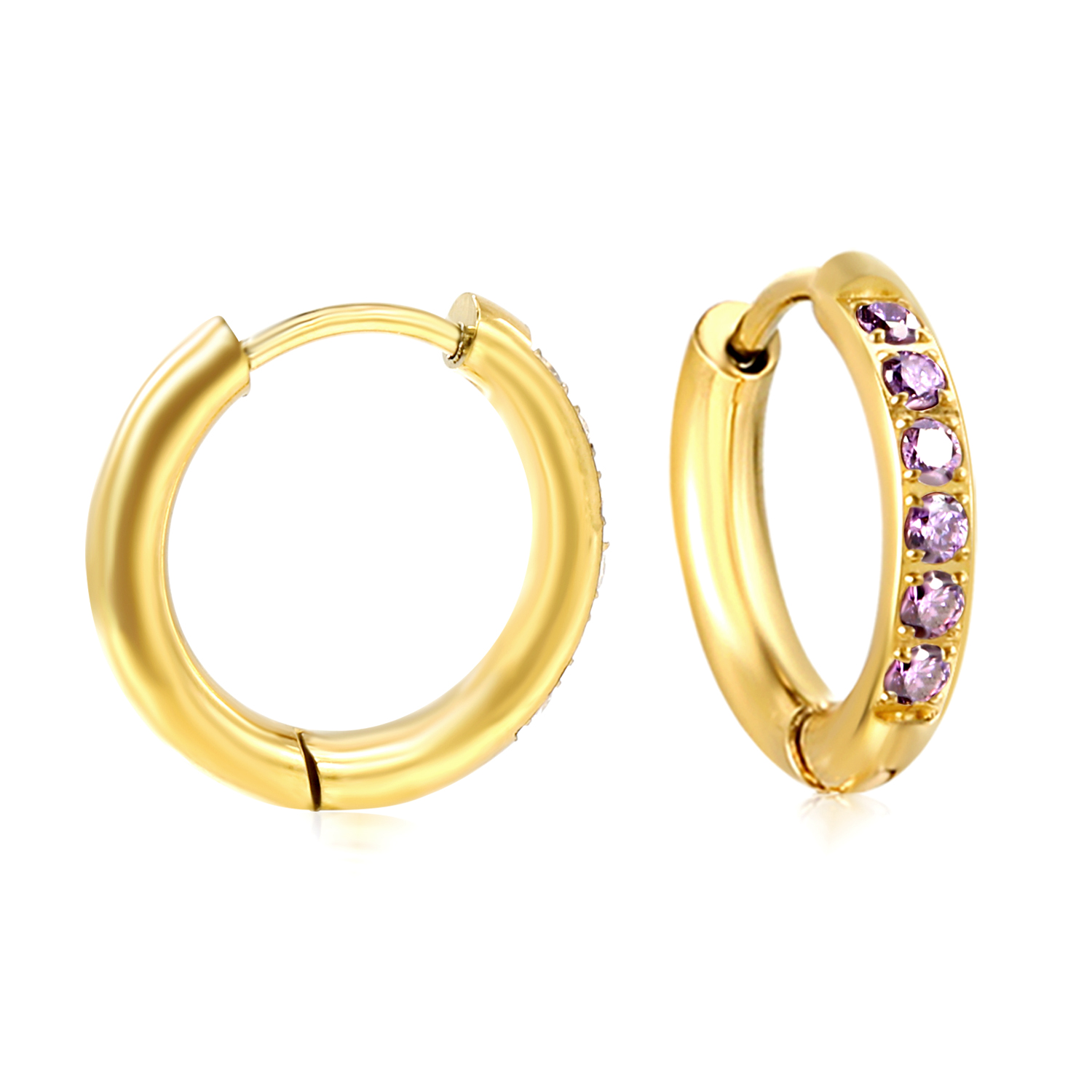 Huggie Hoop Earrings With Purple Pavé Cubic Zirconia
