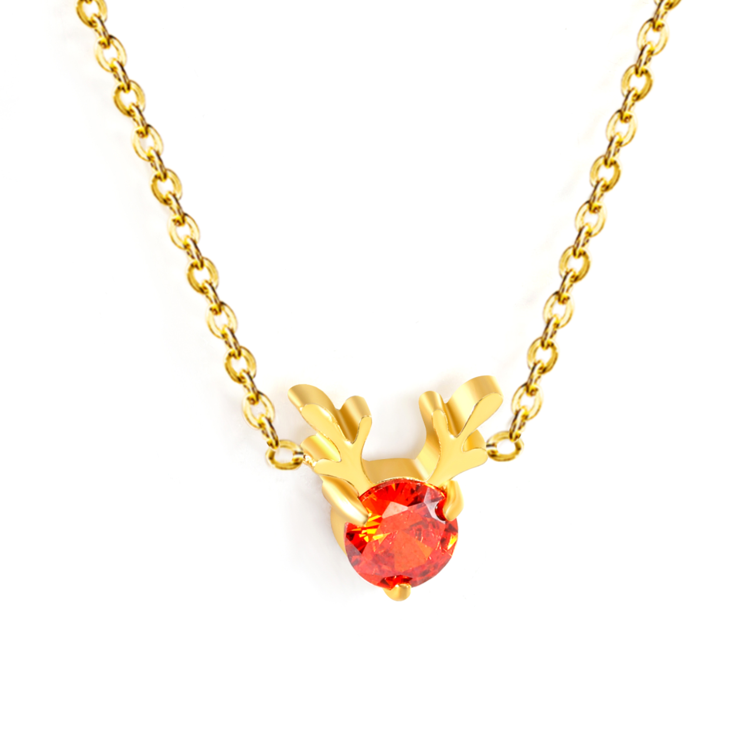 18K Gold PVD Reindeer pendant necklace with a red gemstone