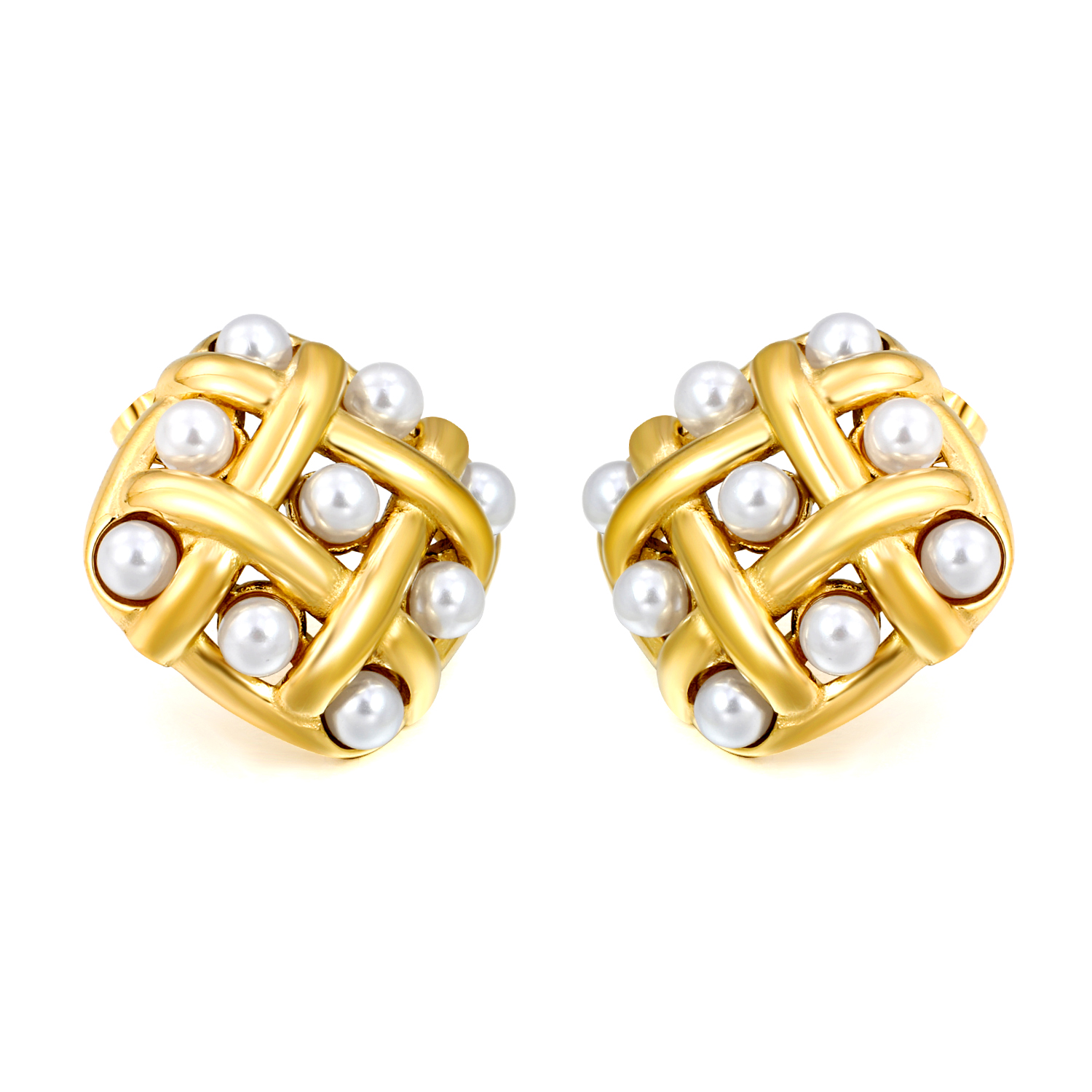 18KG PVD Stainless Steel Woven Pearl Lattice Stud Earrings
