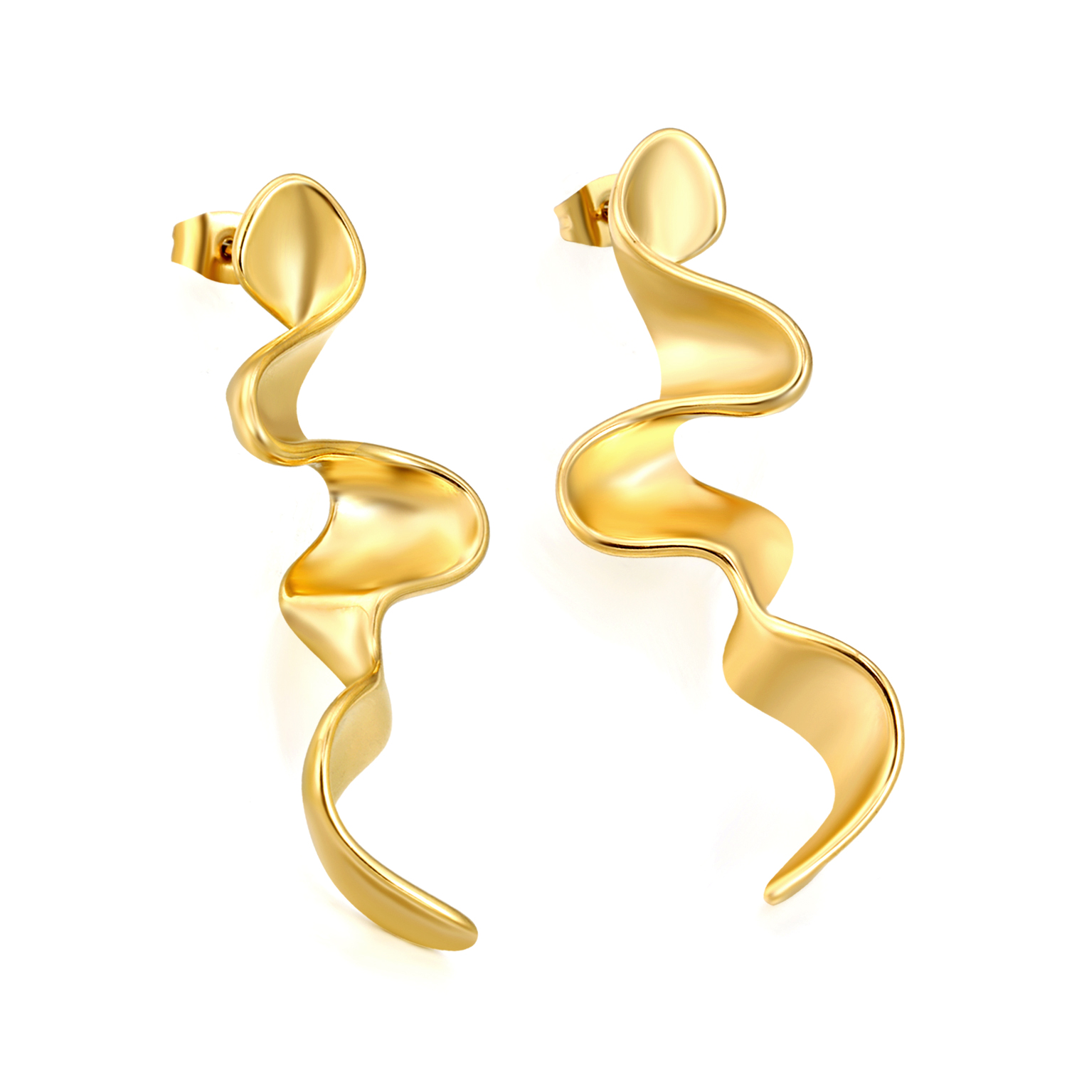 18KG PVD Stainless Steel Long Wave Drop Earrings