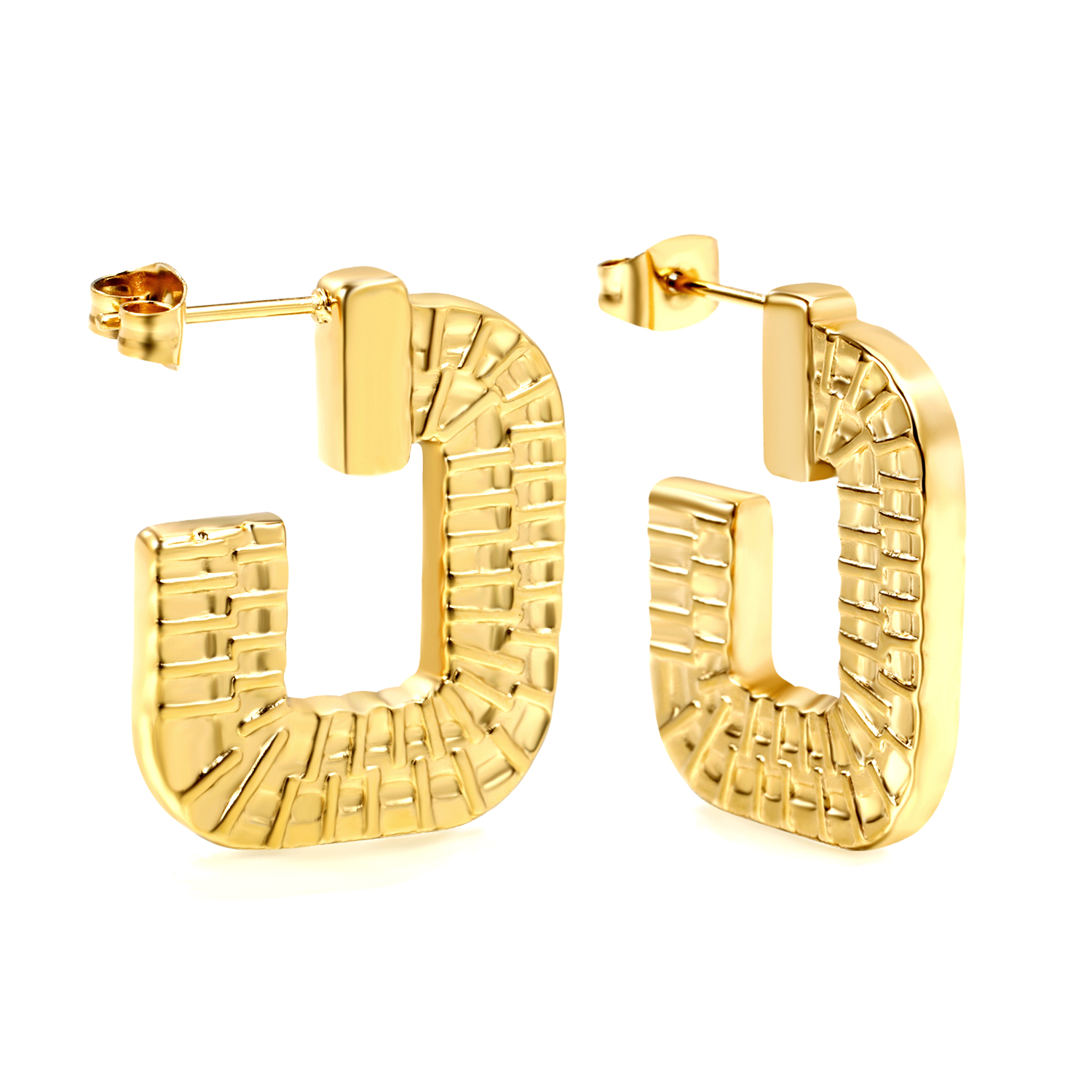 18K Gold PVD Plated Stainless Steel Textured Rectangle Hoop Earrings for Women