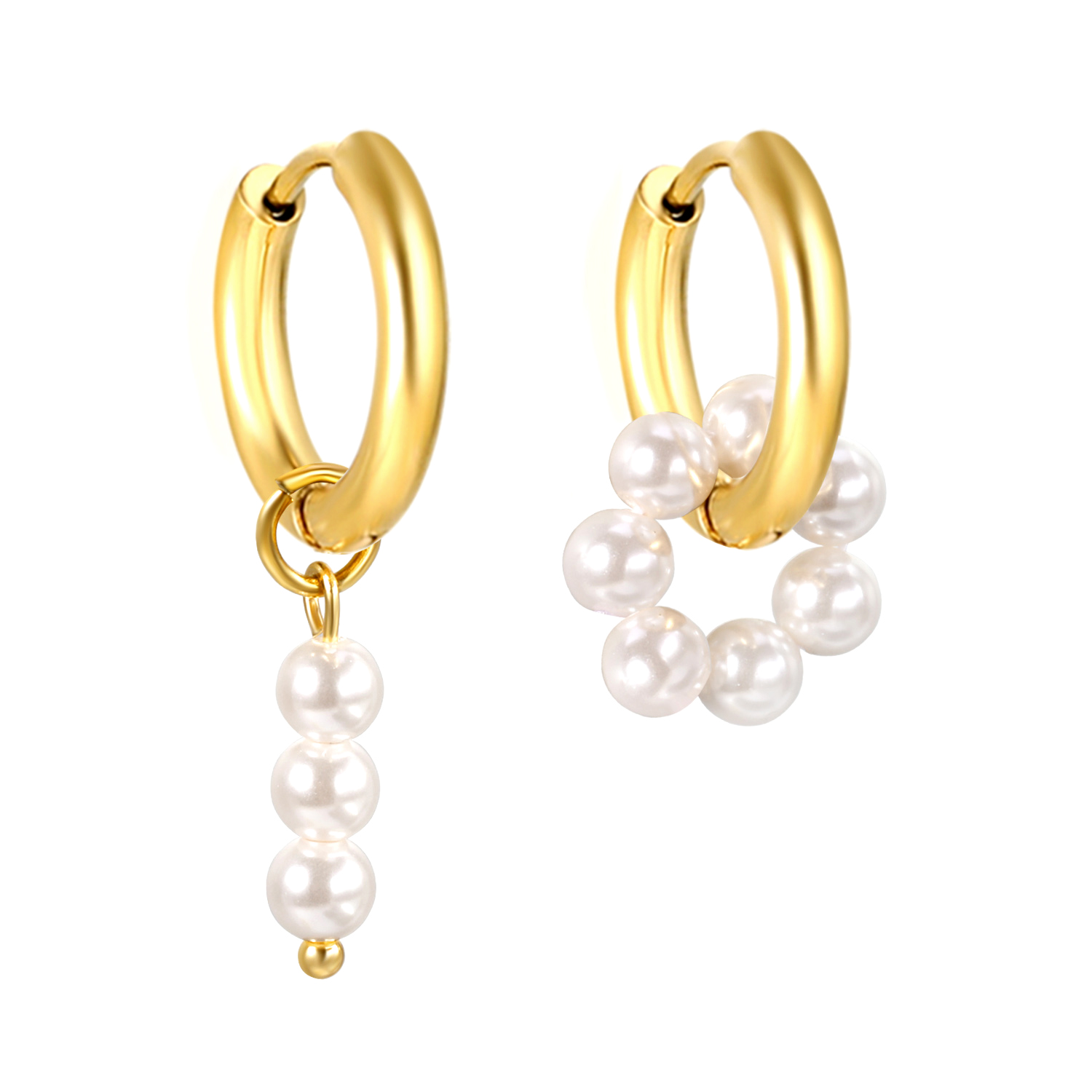 18K Gold PVD Stainless Steel Hoop Earrings with Pearl Charms – Asymmetrical Design
