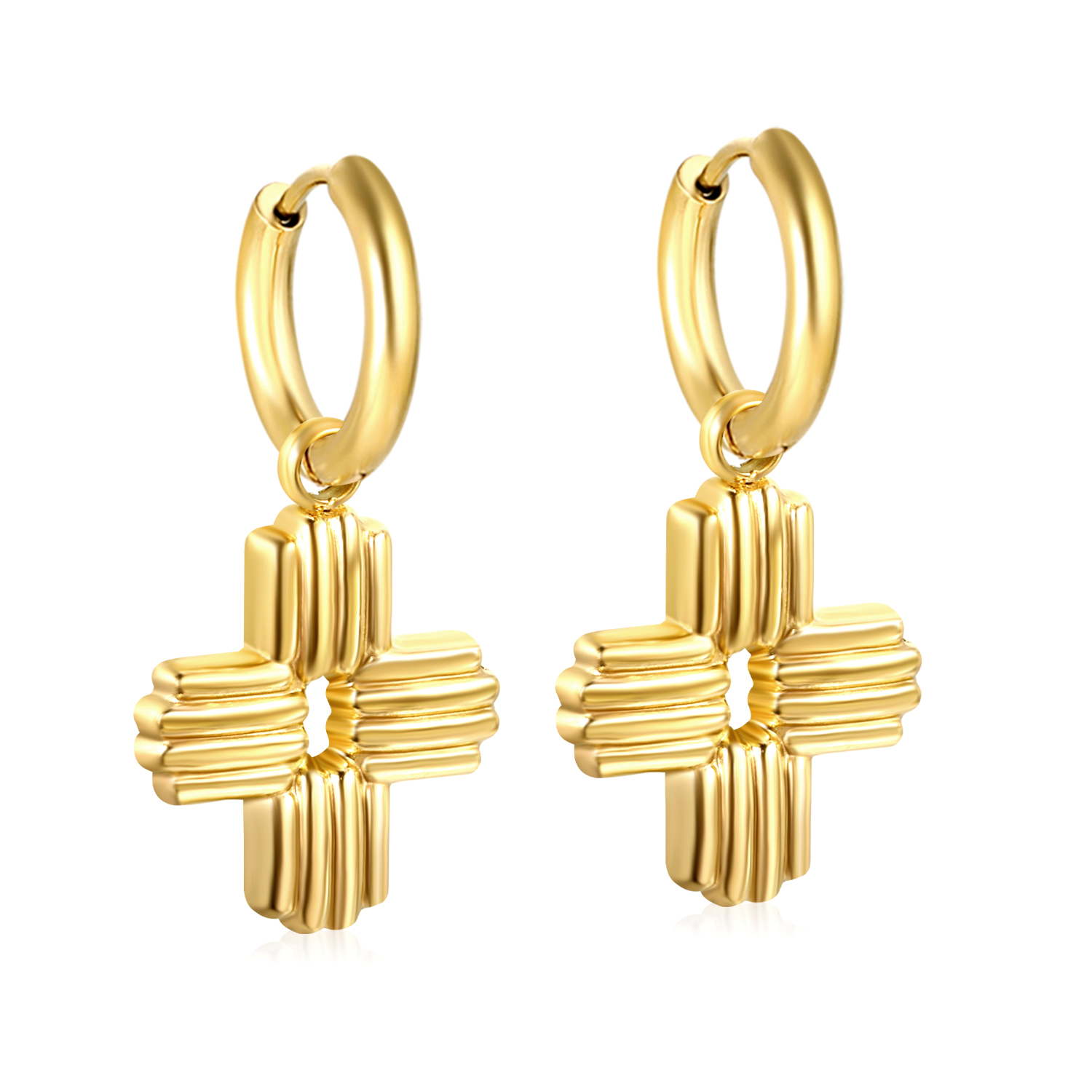 18KG PVD Stainless Steel Textured Cross Hoop Dangle Earrings