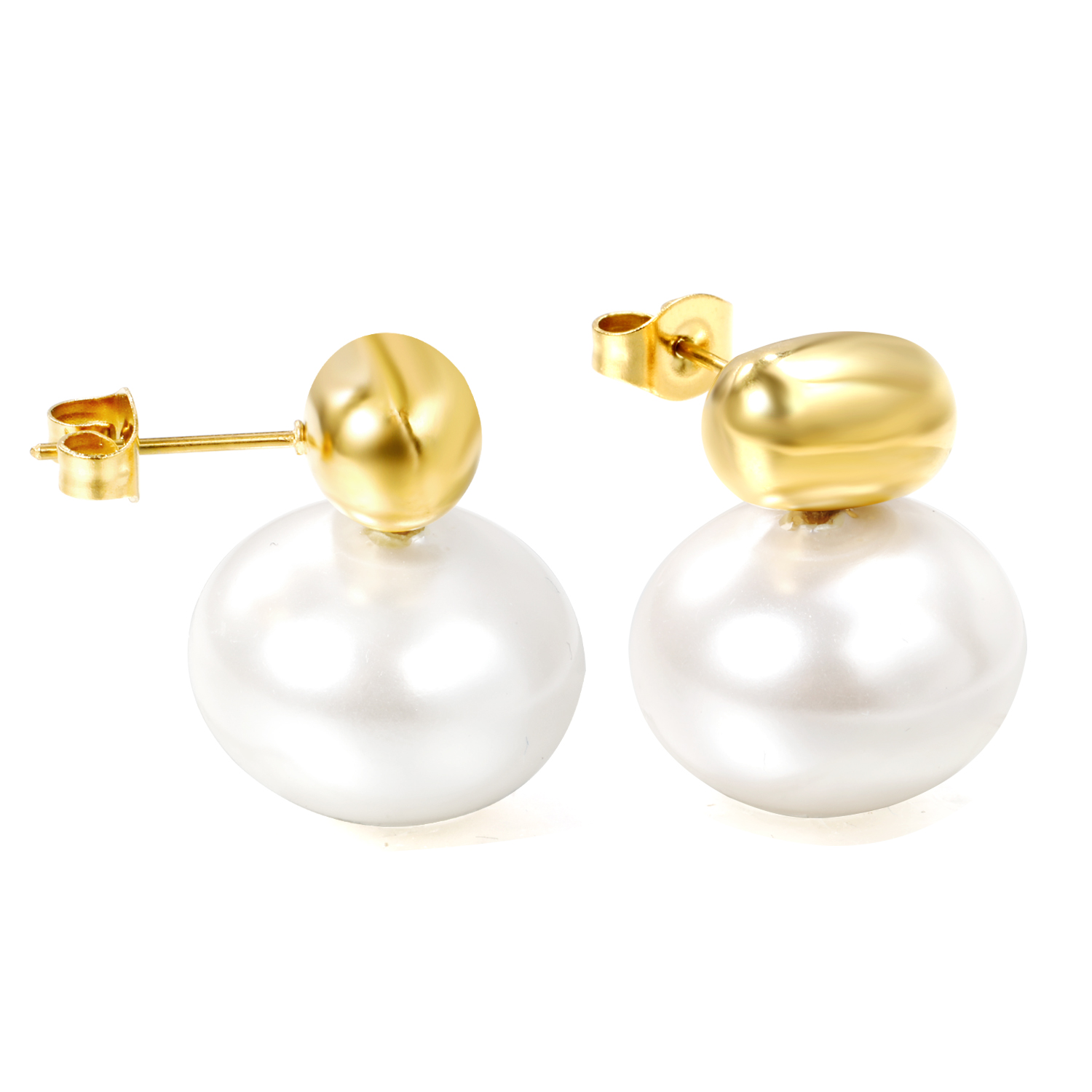 18K Gold PVD Stainless Steel Stud Earrings with White Pearl