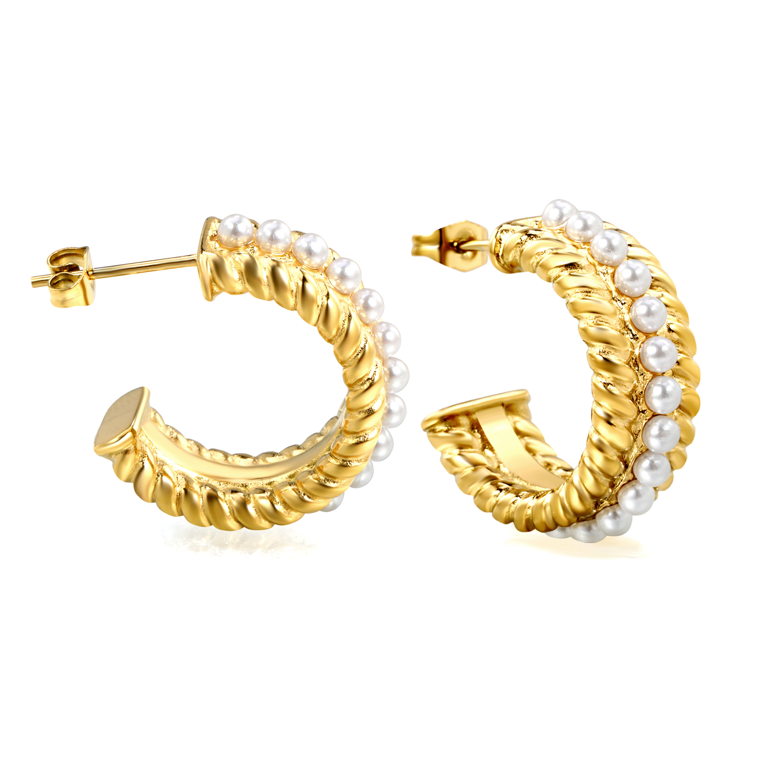 18KG PVD Chunky C-Hoop Earrings with Pearl Accents