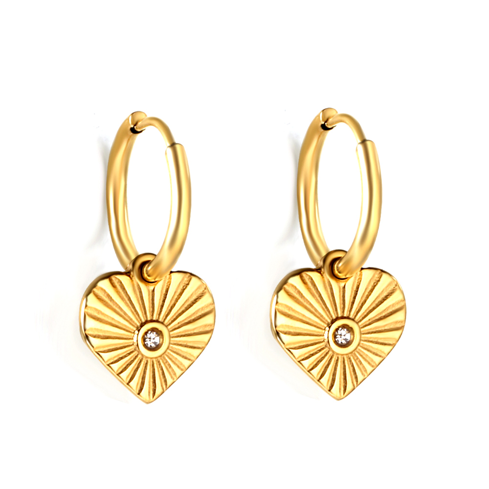 18KG PVD Stainless Steel Dainty Sunburst Heart Cubic Zirconia Dangle Hoop Earrings