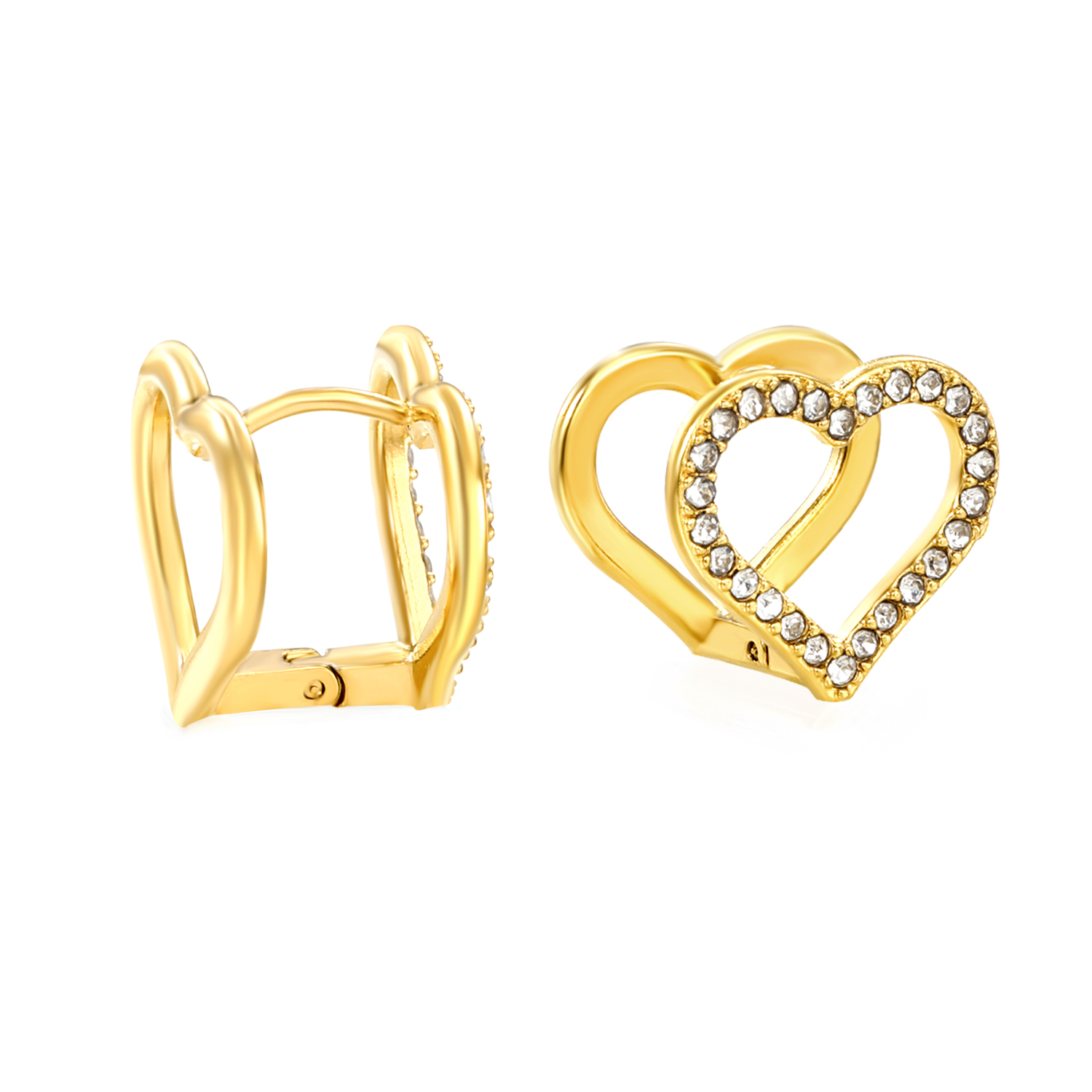 Waterproof Gold Plated Double Heart CZ Huggie Hoop Earrings
