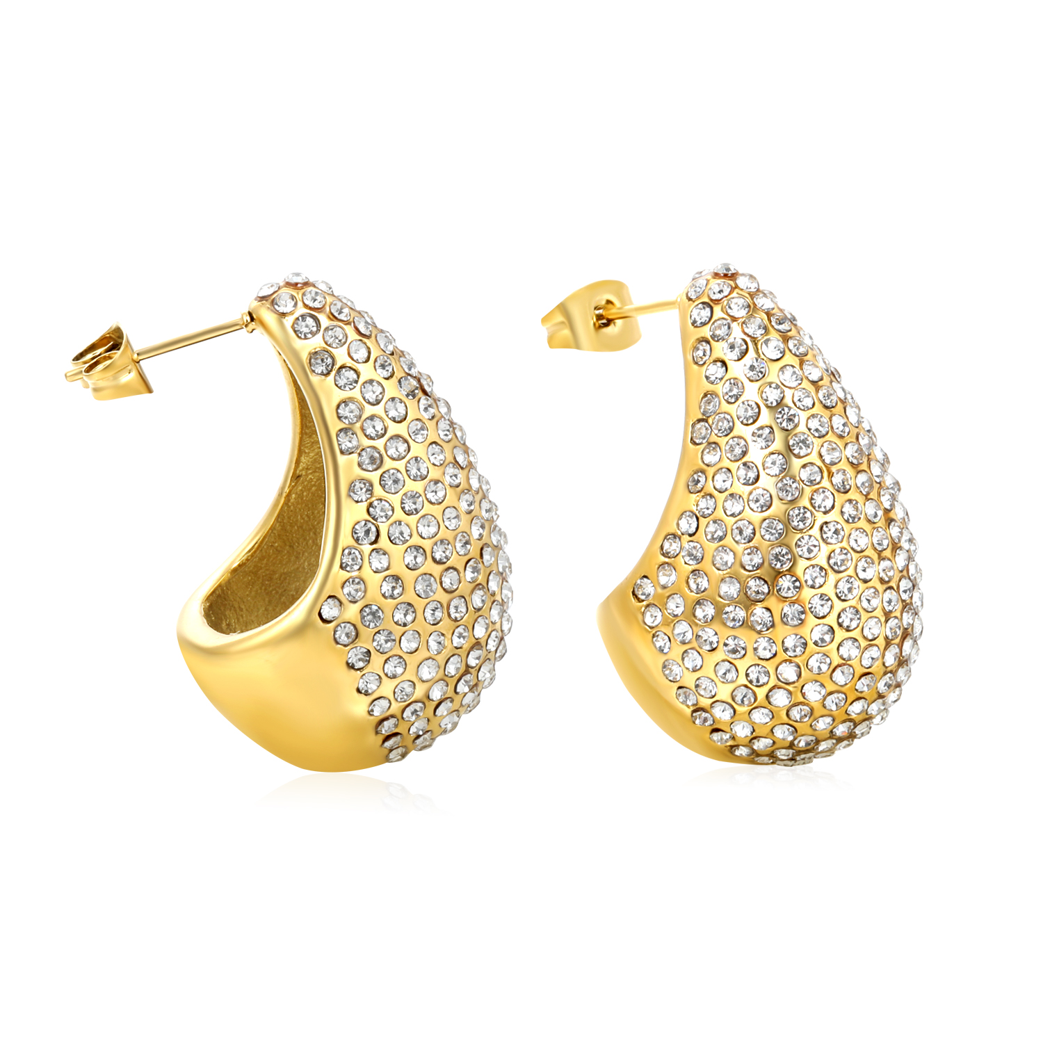 18K Gold Plated Stainless Steel Pavé Crescent Stud Earrings