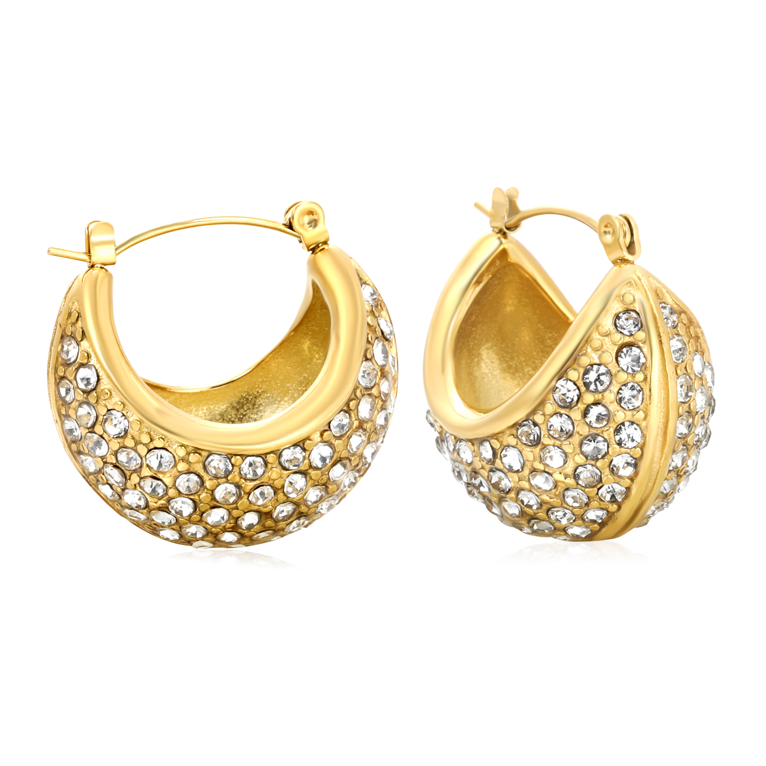 Bold 18K Gold Plated Stainless Steel Crescent Hoop Earrings With CZ