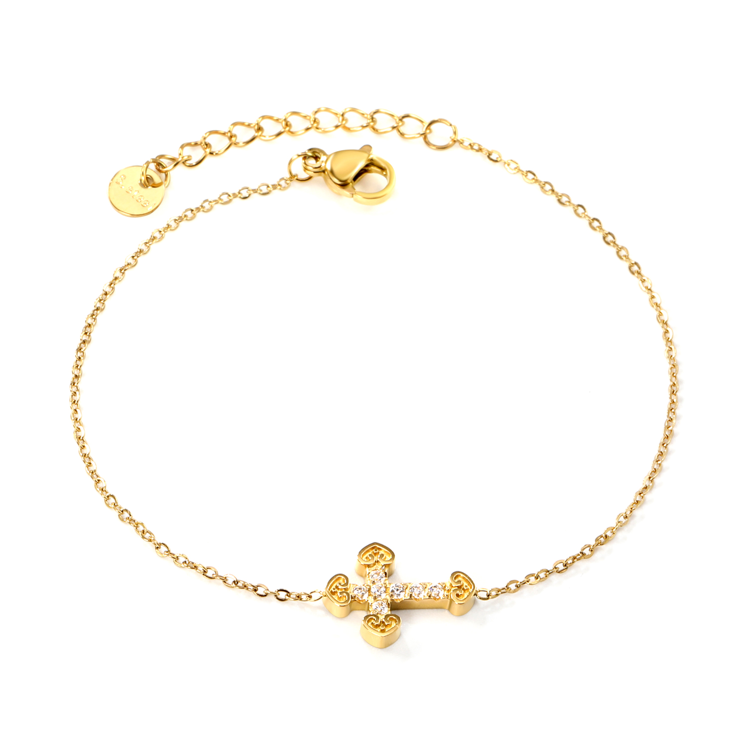 Dainty 18K Gold PVD Waterproof CZ Latin Cross Charm Bracelet