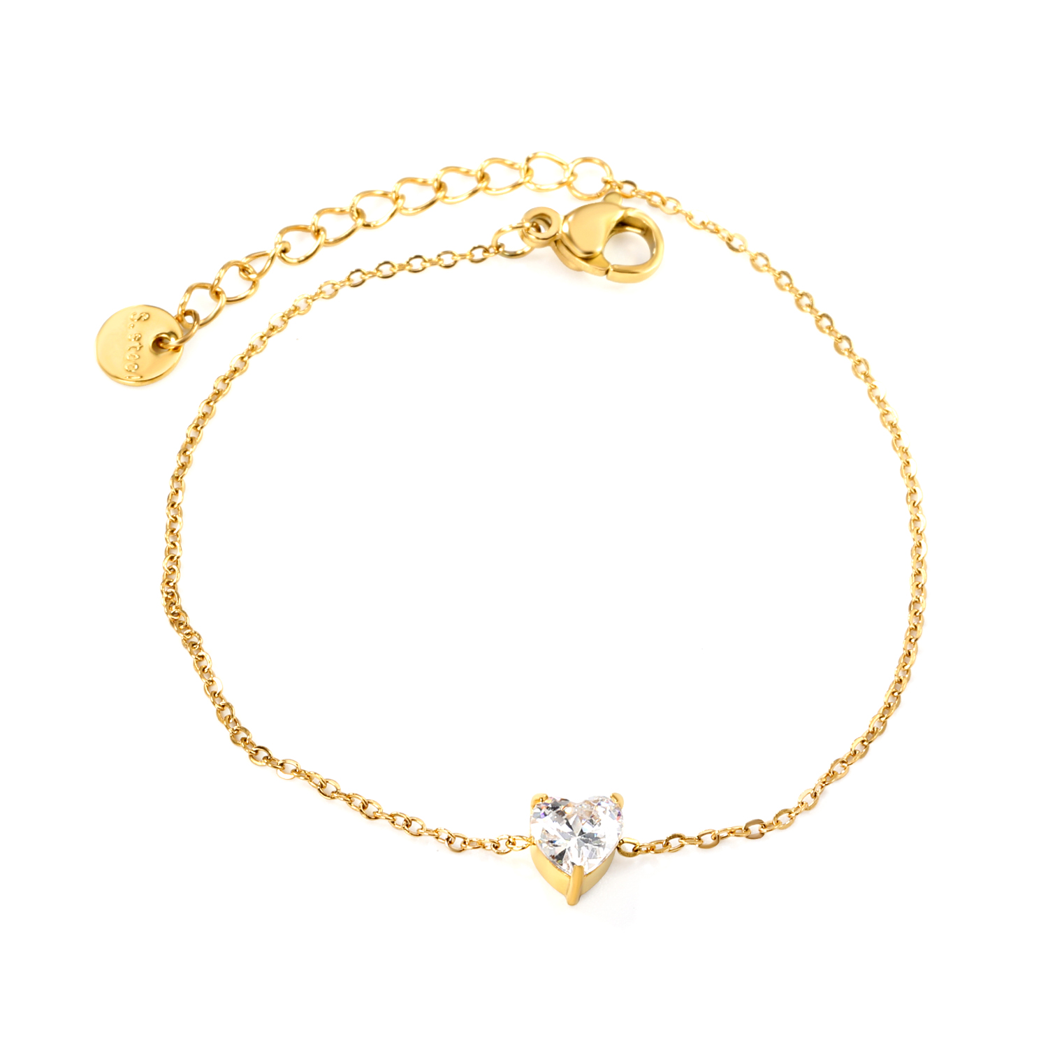 Dainty 18K Gold PVD Waterproof Heart Solitaire CZ Bracelet