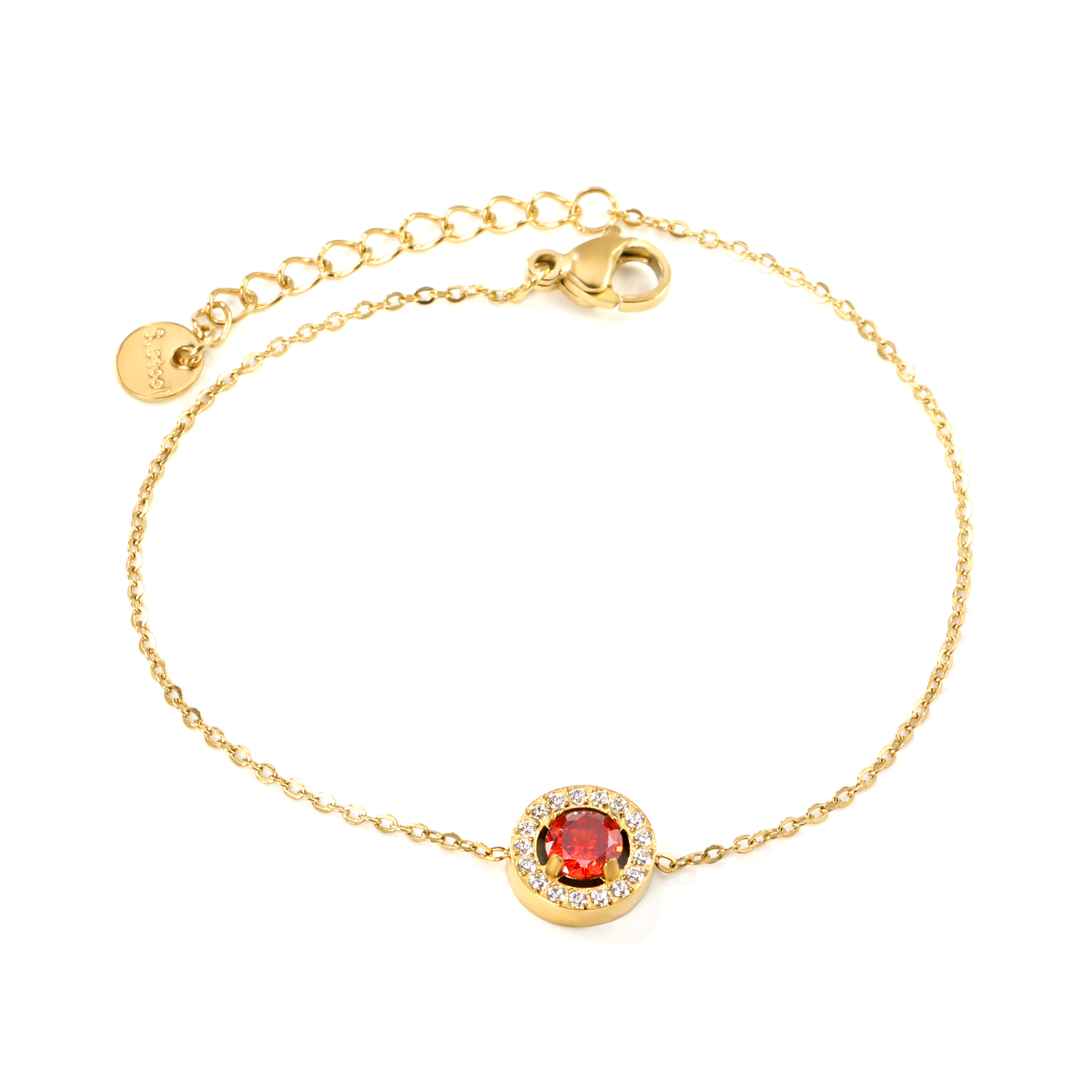18K Gold PVD Plated Stainless Steel Red Stone Halo Chain Bracelet