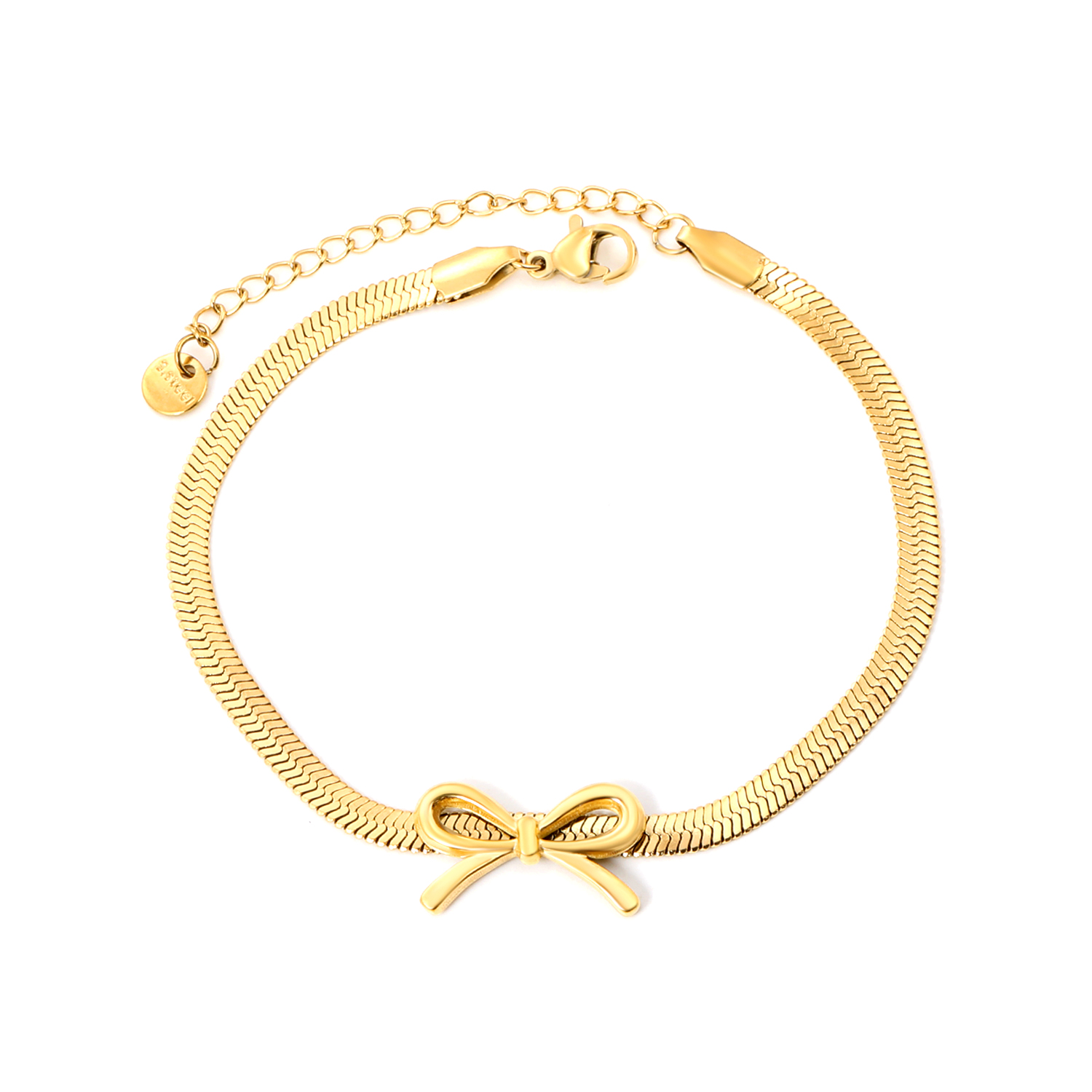 18K Gold Plated Stainless Steel Herringbone Chain Bracelet with Bow Charm