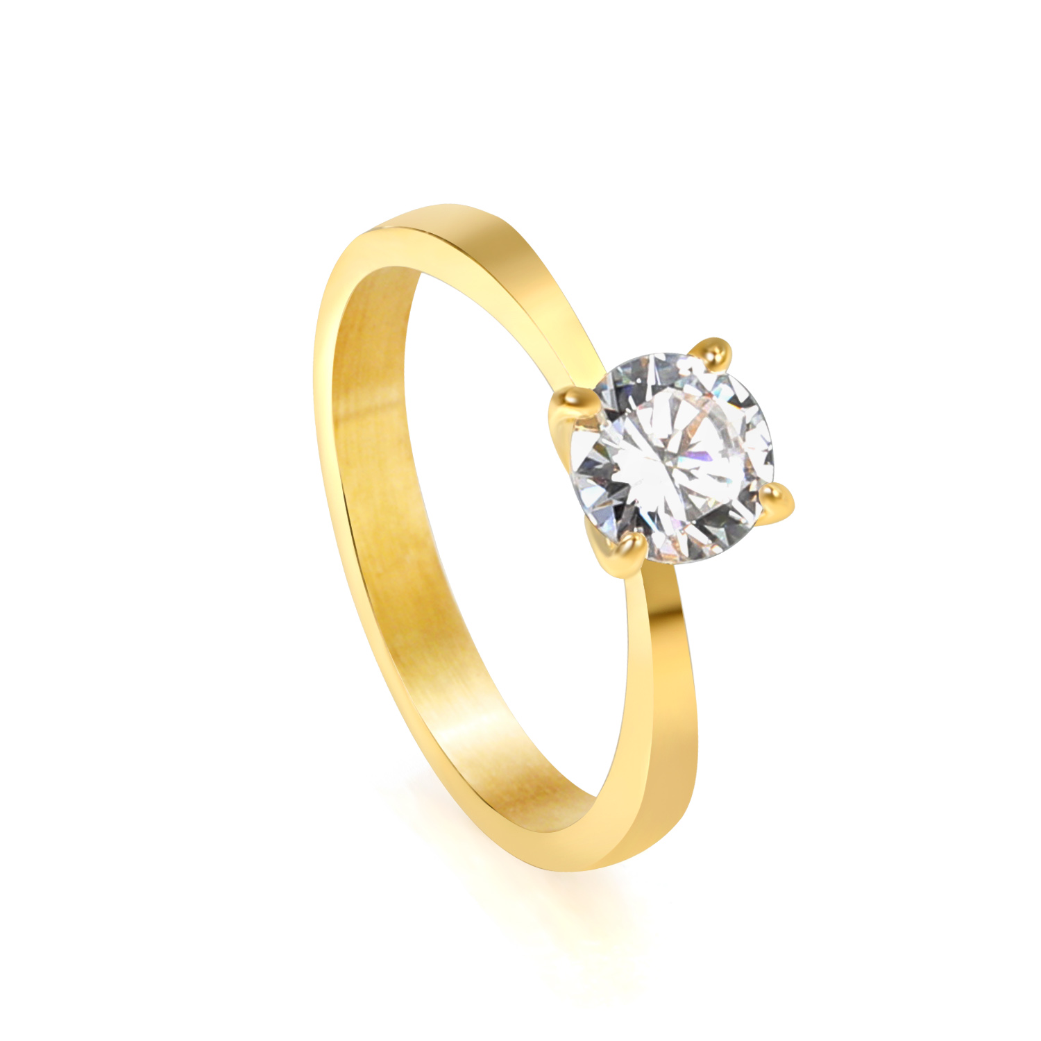 18K Gold PVD Classic Solitaire CZ Ring – 4 Prong