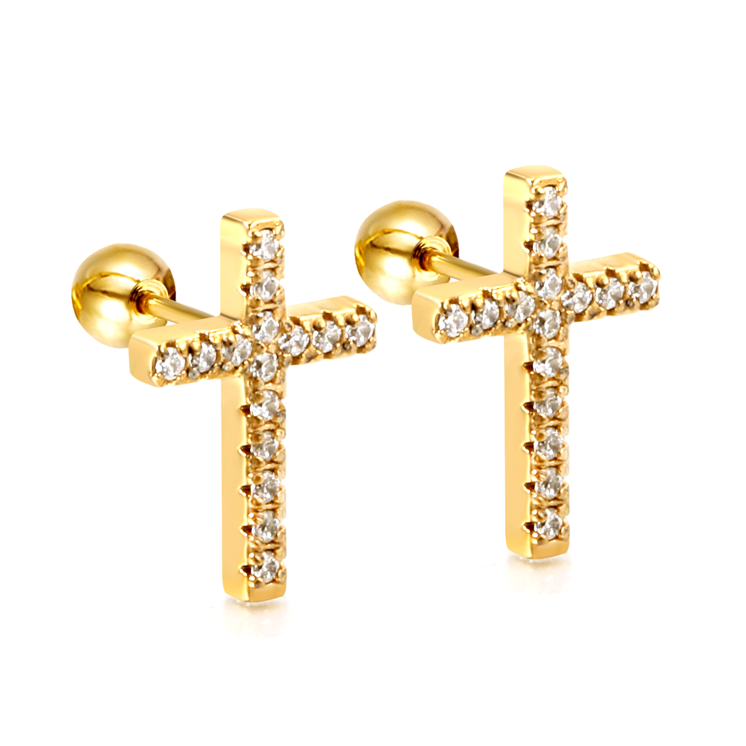 18K Gold PVD Stainless Steel Screw back Cross Earrings With Cubic Zirconia