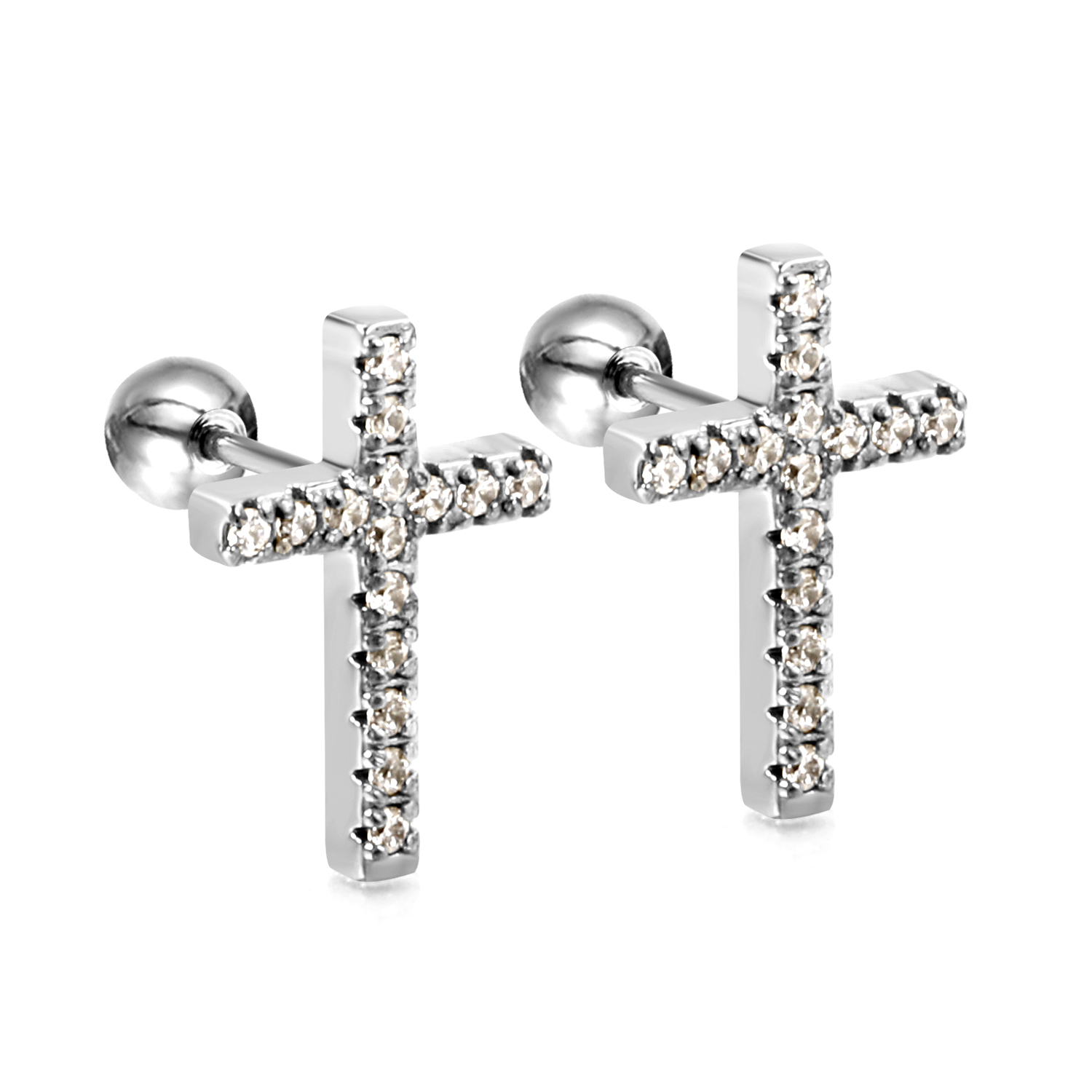 Stainless Steel Screw back Cross Earrings With Cubic Zirconia