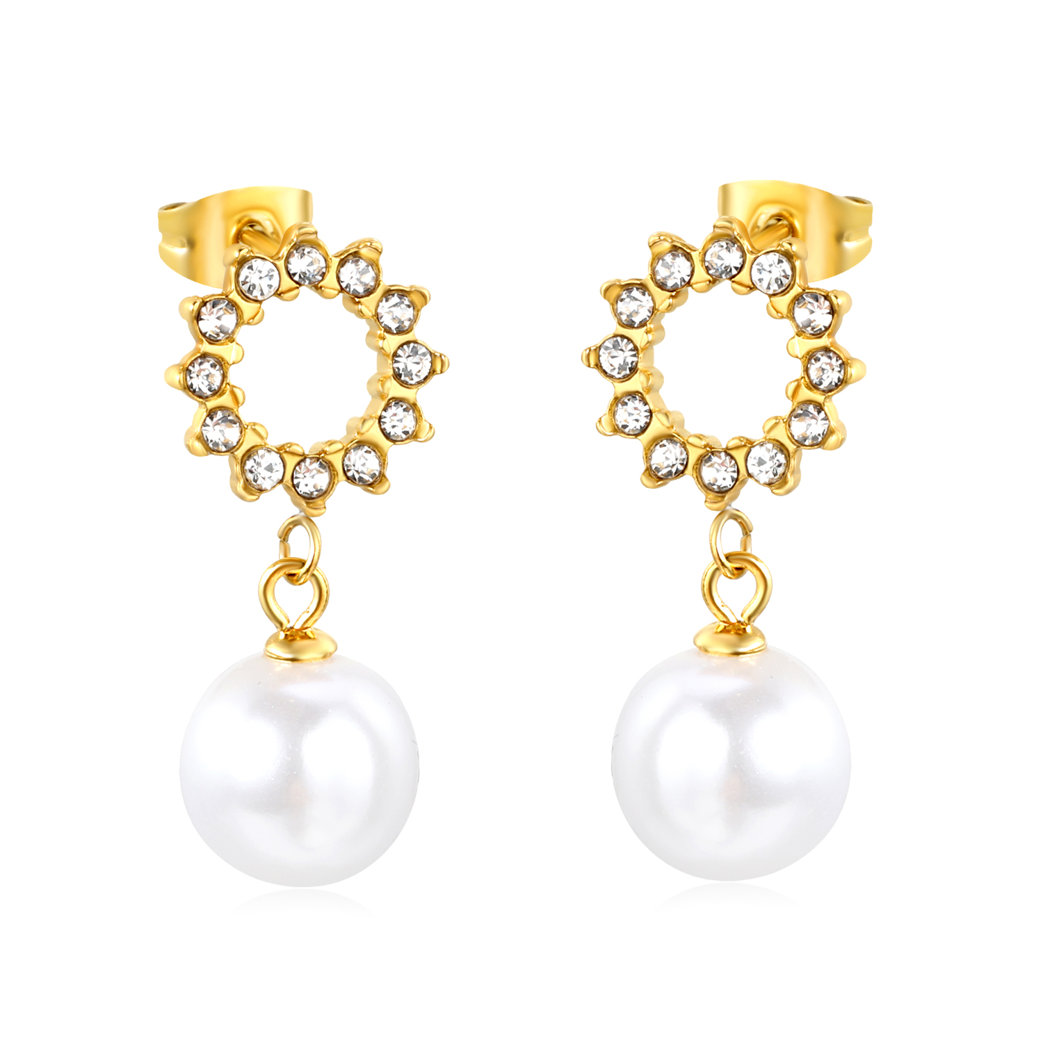 18K Gold Stainless Steel CZ Sunburst Pearl Drop Stud Earrings