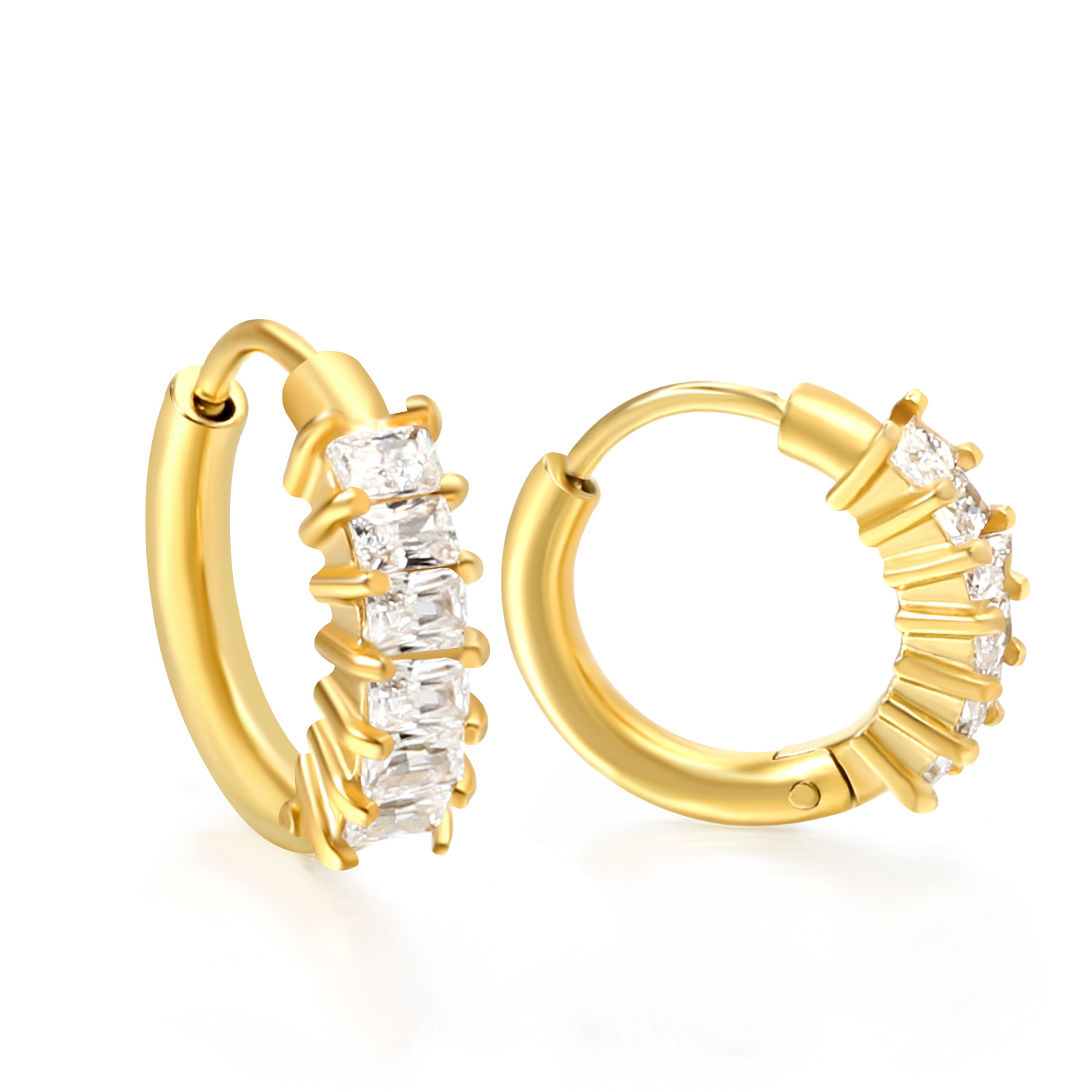 18K Gold PVD Baguette CZ Half-Hoop Huggie Earrings