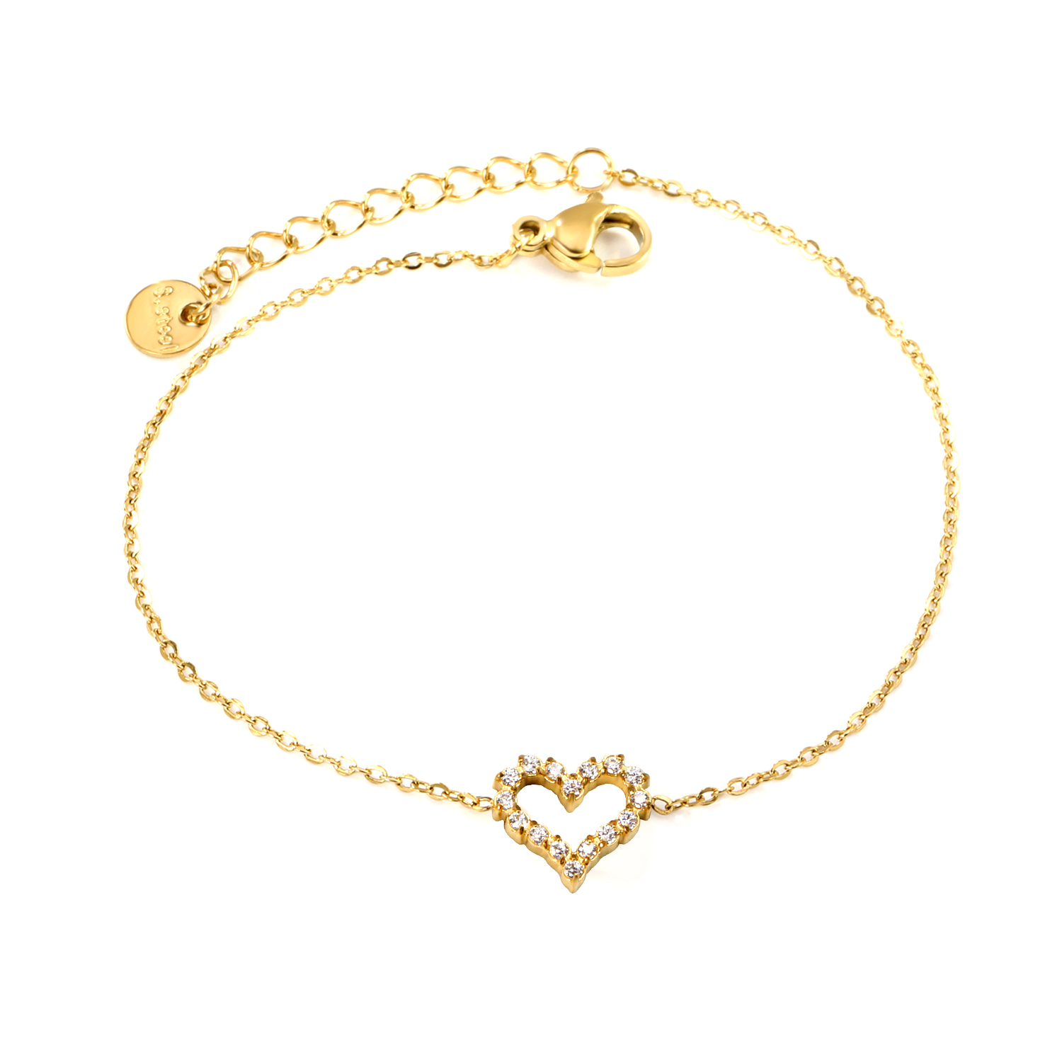 Dainty 18K Gold PVD Waterproof Open Heart CZ Charm Bracelet