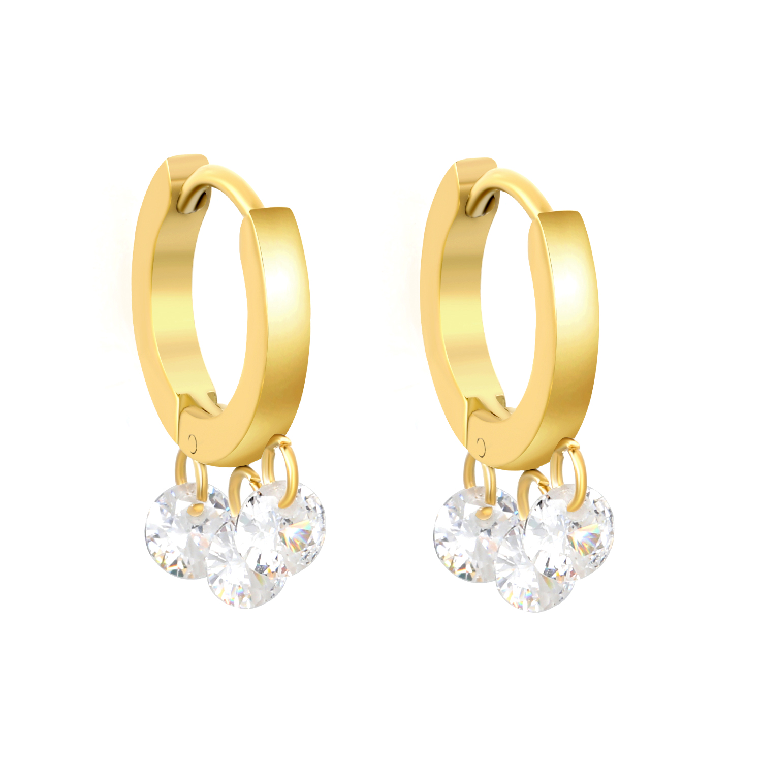 Waterproof 18K Gold Plated Triple Solitaire Dangle Huggie Hoops