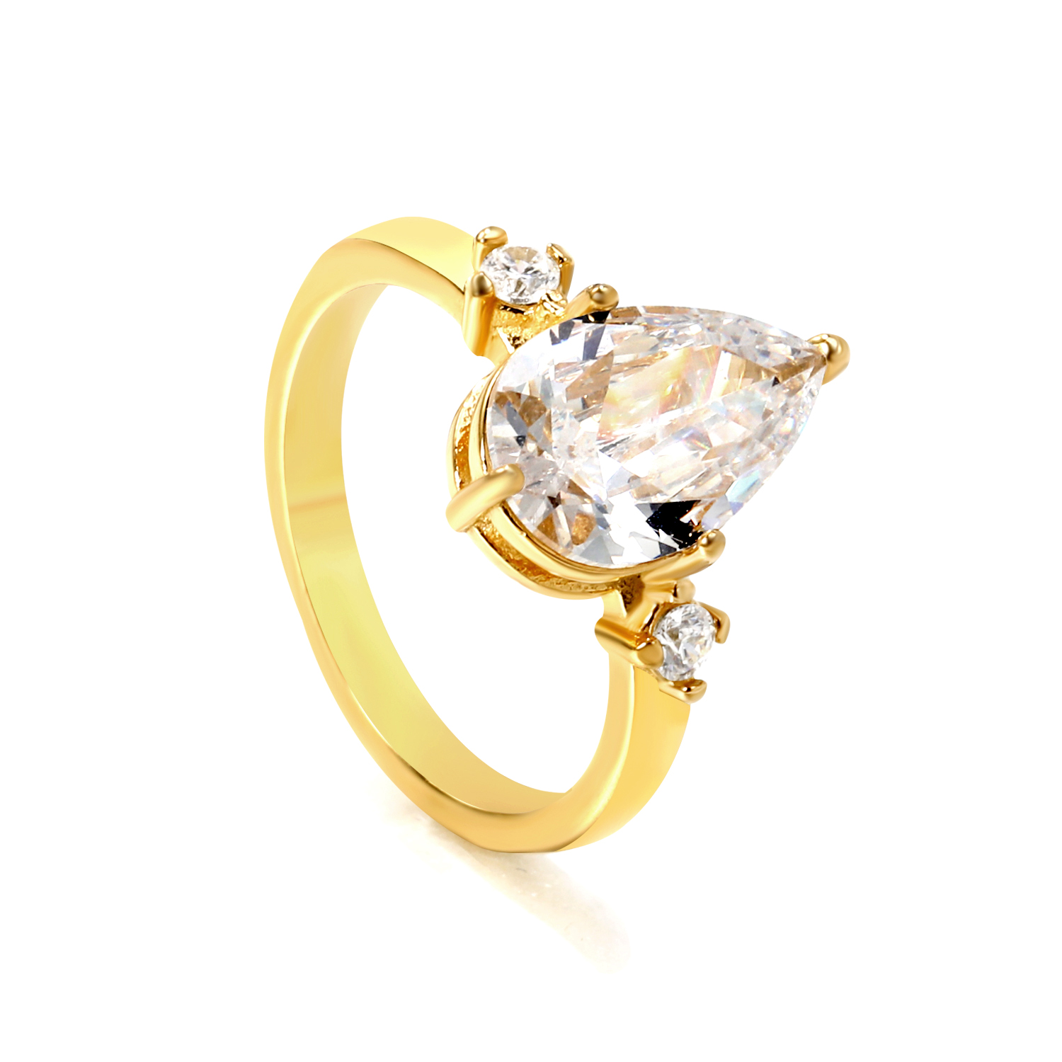 18K Gold PVD Stainless Steel Pear Cut CZ Solitaire Ring