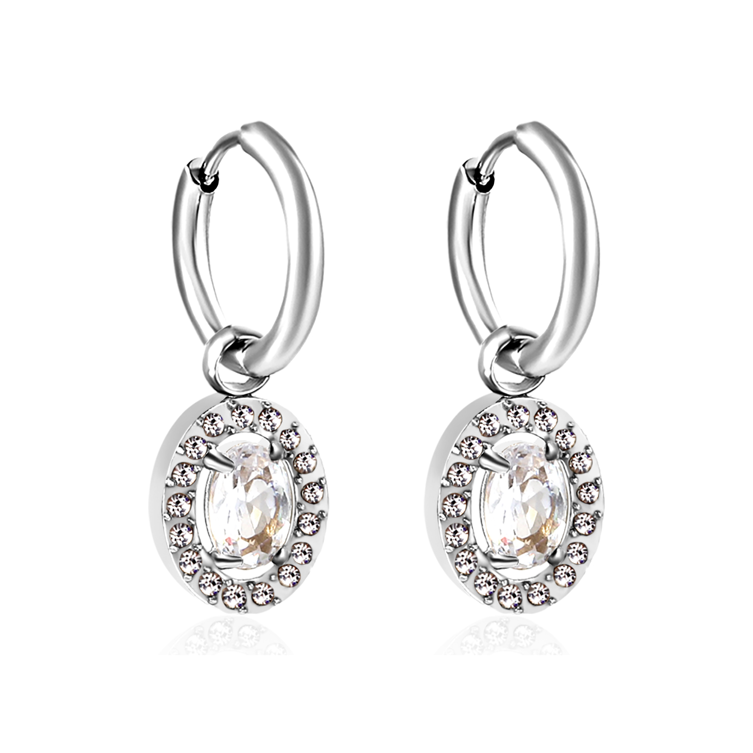 Stainless Steel White Cubic Zircon Halo Drop Earrings