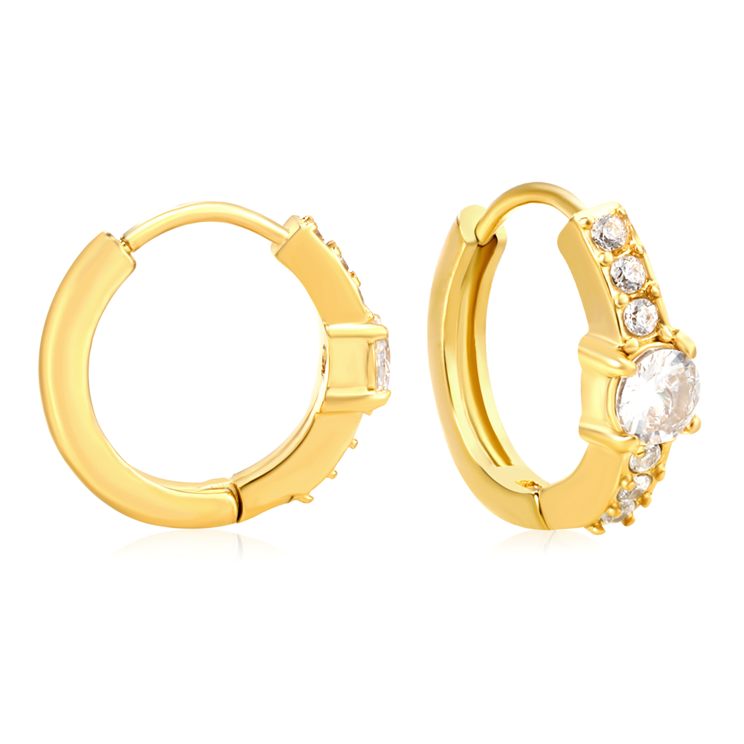 18K Gold Plated CZ Solitaire Accent Huggie Hoop Earrings Stainless Steel