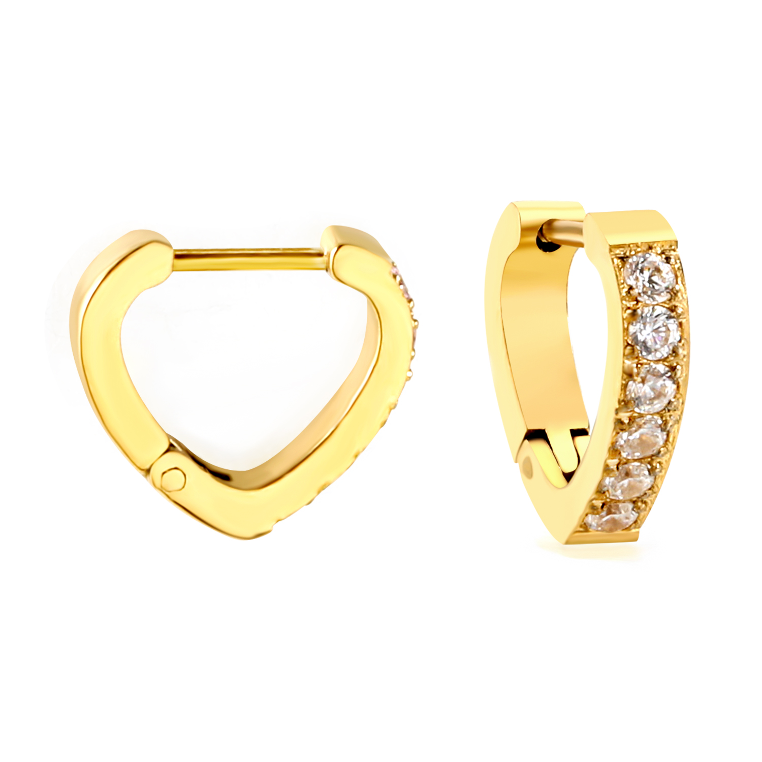 18K Gold Stainless Steel Heart Huggie Hoops with Pavé Cubic Zirconia