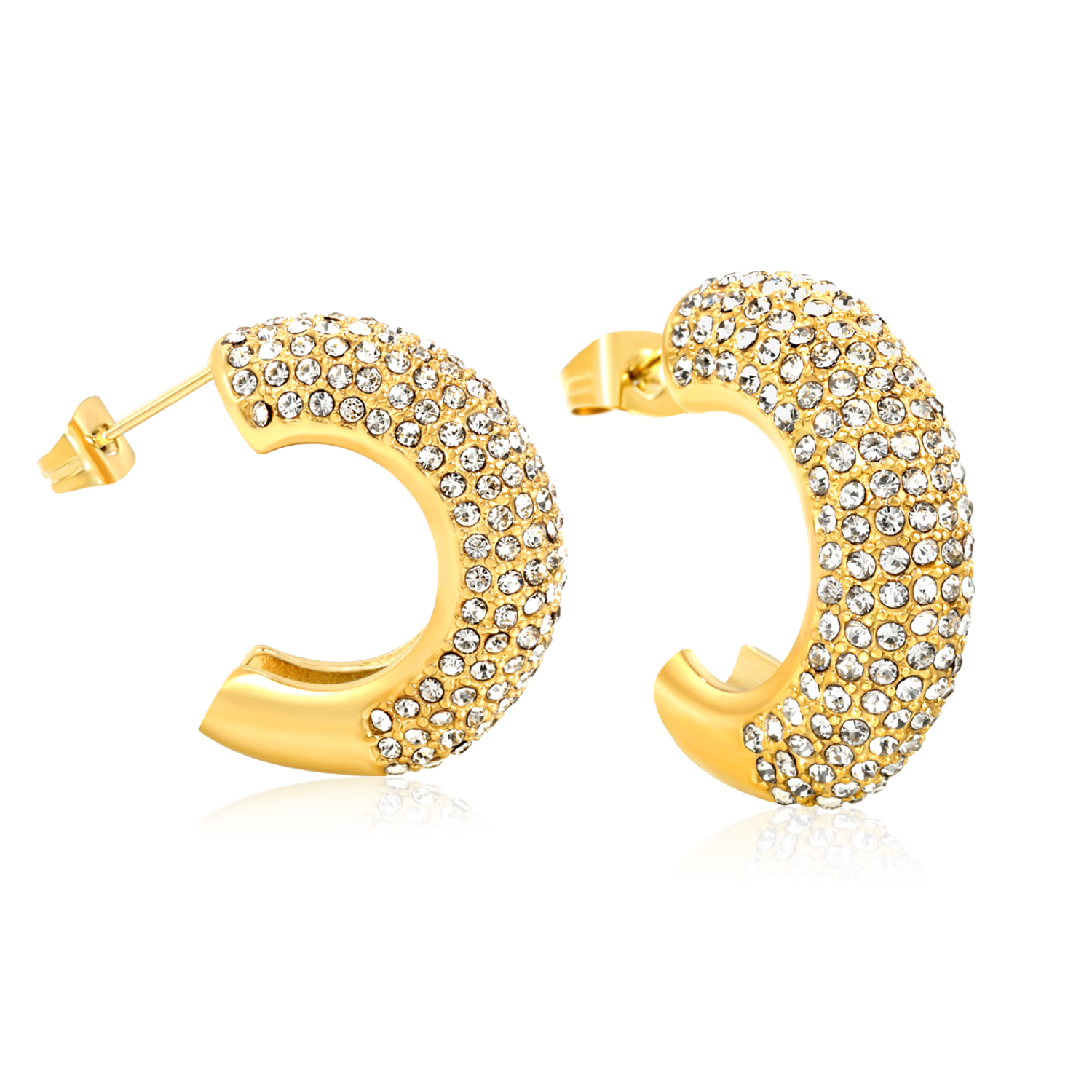 Gold Plated Medium Pavé C-Hoop Stud Earrings Waterproof