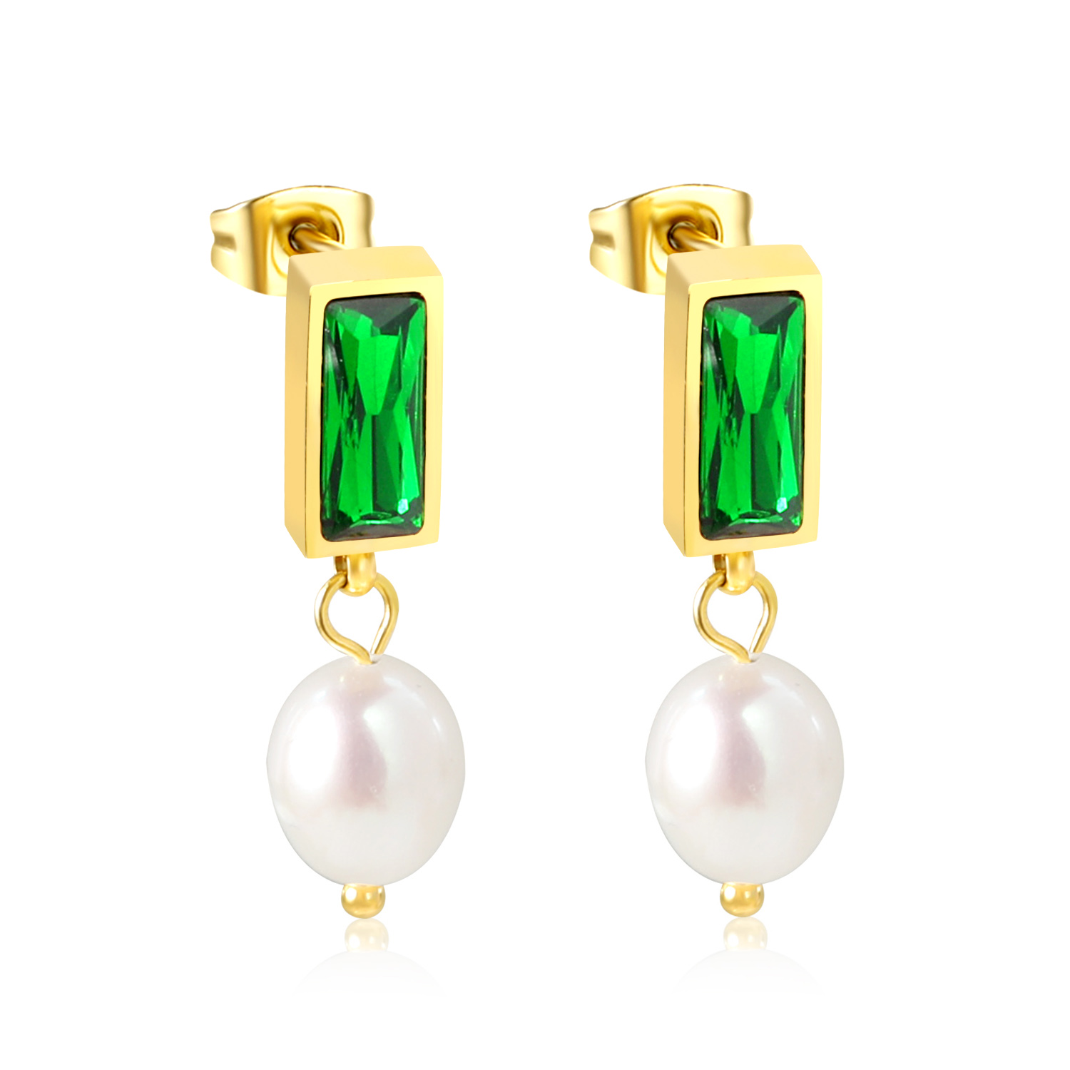 18K Gold PVD Emerald-Cut Green Gemstone Pearl Drop Earrings