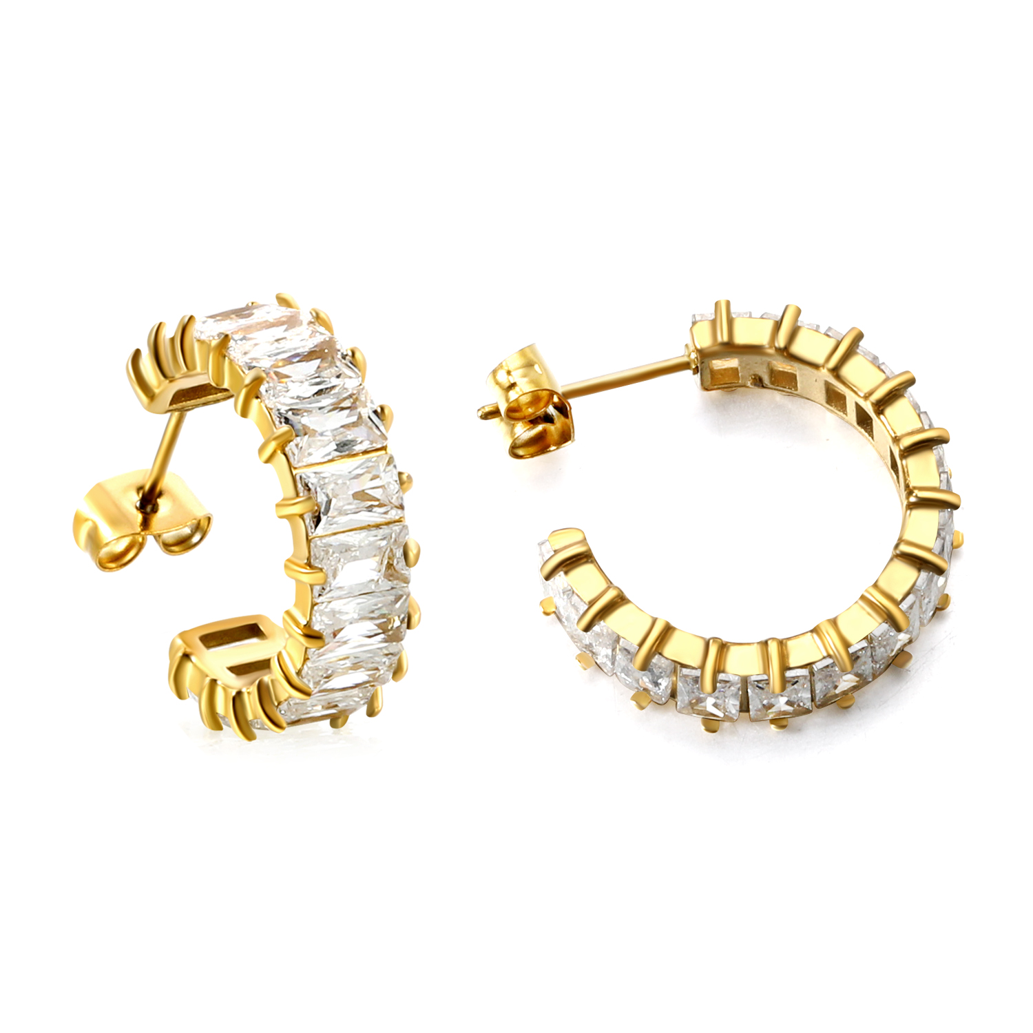 18K Gold PVD Baguette CZ Half-Hoop Earrings